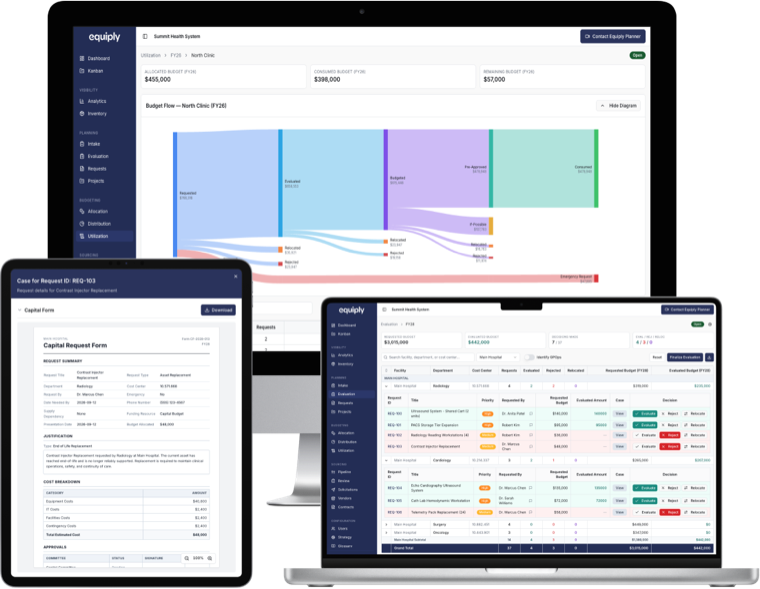The Equiply platform shown on desktop, laptop and tablet